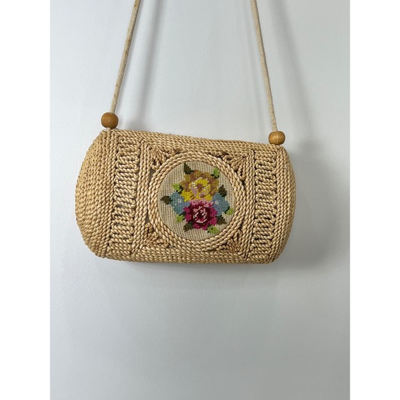 Handbags - Vintage Boho Straw Raffia Purse Embroidered Cross Stitch Floral Crossbody Bag